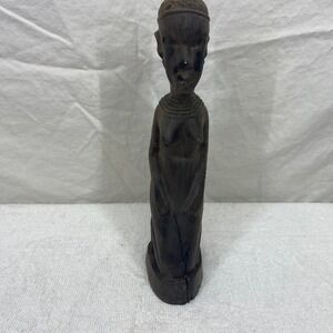 Vintage Hand Carved African Wood Statue Kneeling Woman Tribal Folk Art Figurine